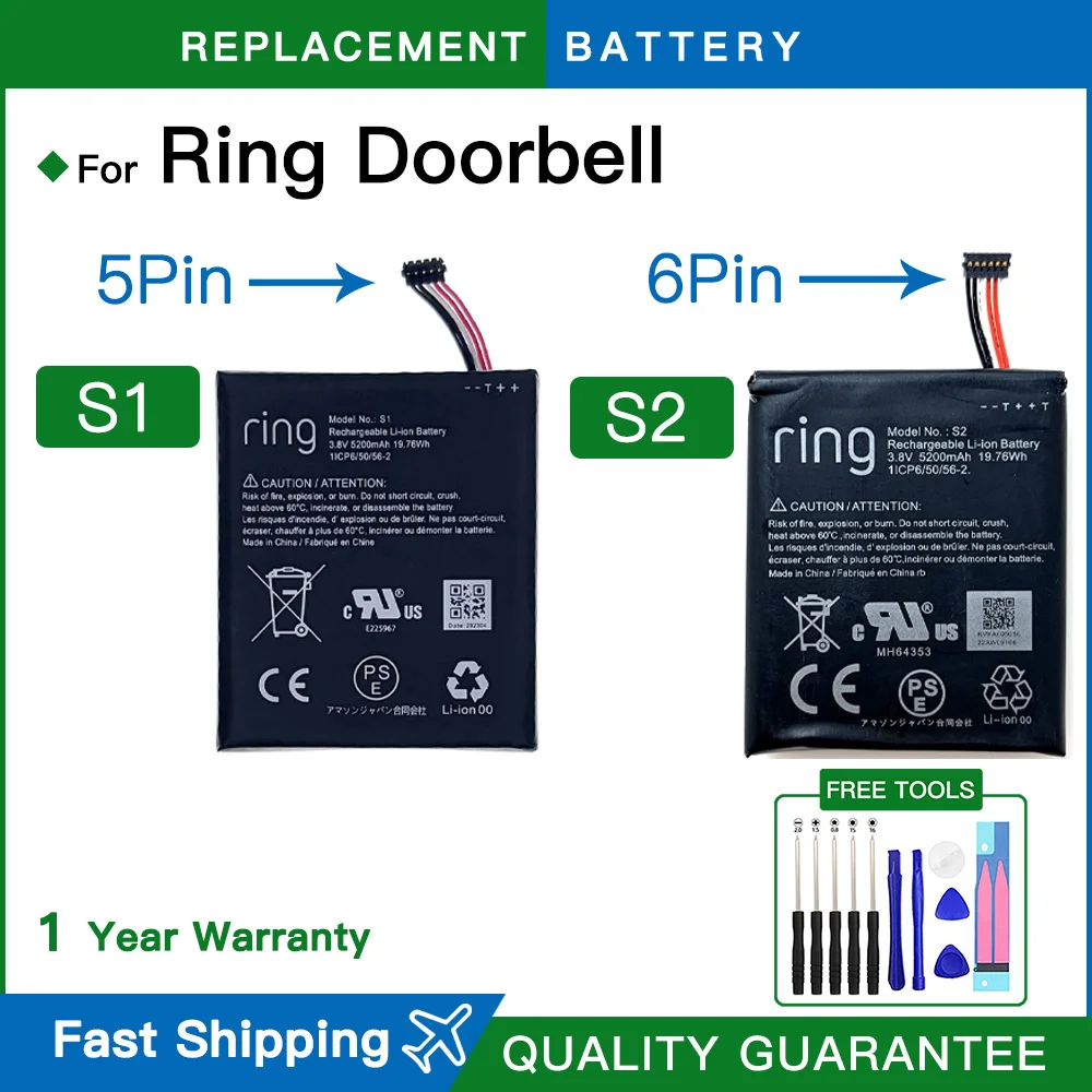Brand New S1 S2 Replacement Battery For Ring 5UM5E5 Video Doorbell 1 2 Generation Ring 1st 2nd Doorbell Batteries Batteria+Tools