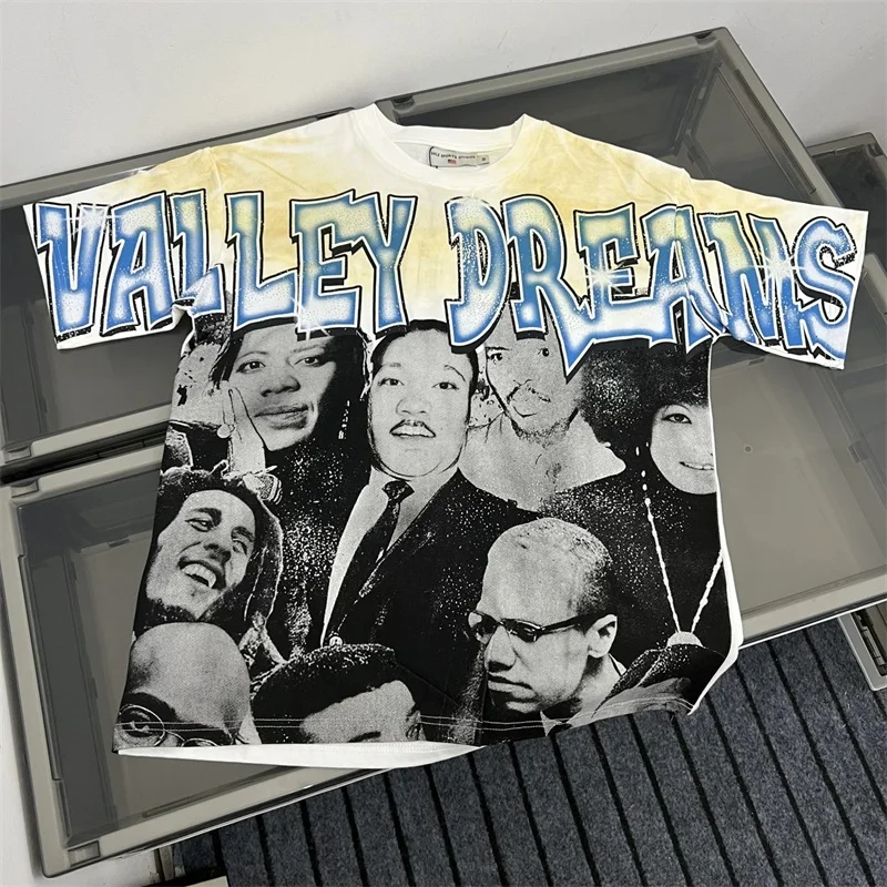 تي شيرت رجالي أسود VALLEY American Streetwear بأكمام قصيرة وكبير الحجم كاجوال من القطن مطبوع عليه شخصيات Vale #2