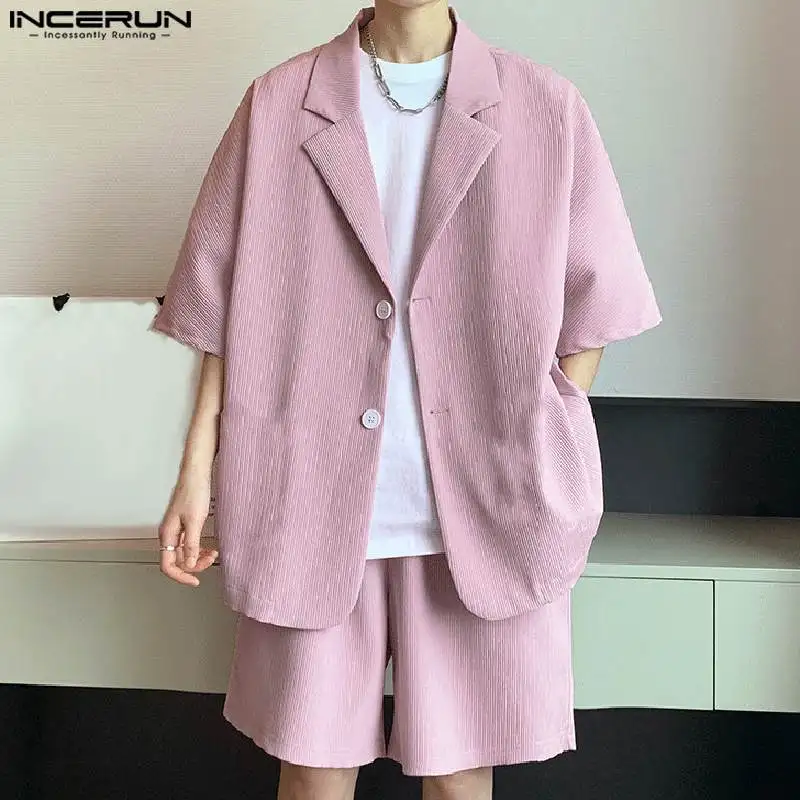 INCERUN 2024 Korean Style Fashion Sets Men's Texture Half Sleeve Loose Suit Shorts Leisure Hot Selling Male Two Piece Sets S-5XL