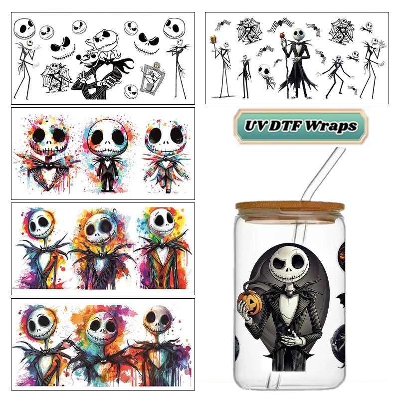 Halloween Skeleton Pumpkin King UV DTF Cup Wrap Stickers Waterproof No Heat Transfer for 16oz Libbey Glass Can Tumbler Decal