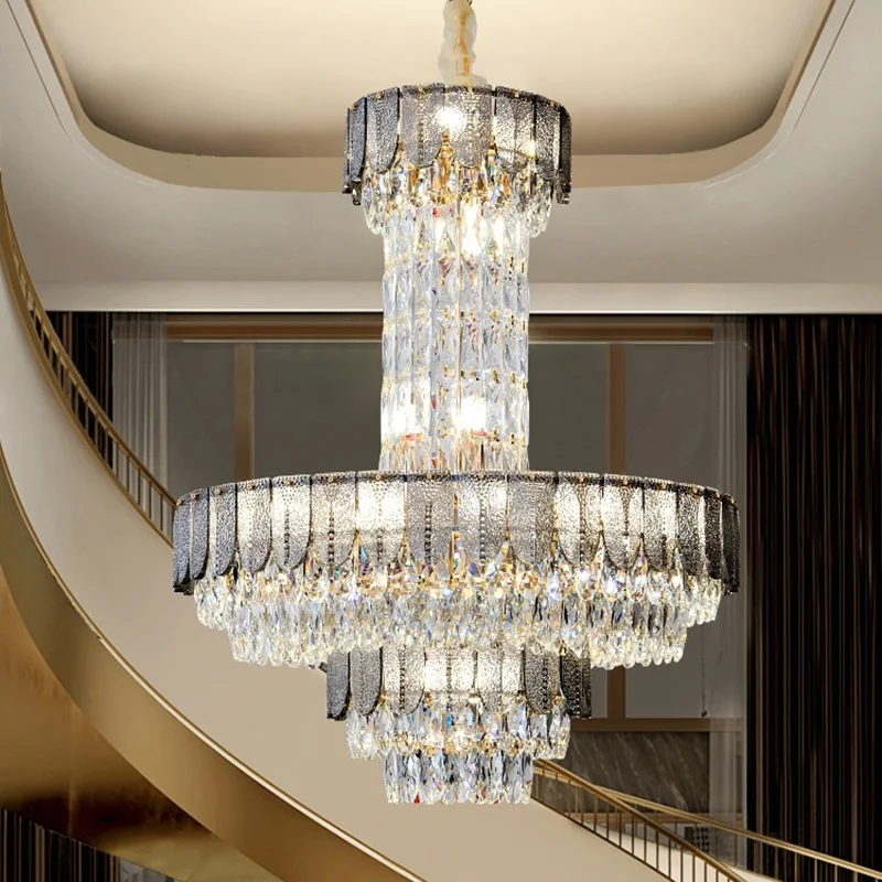 Postmodern Light Luxury Multi-layer Crystal Chandeliers Villa Main Living Room Lamp European Hotel Lobby Round Project Lights