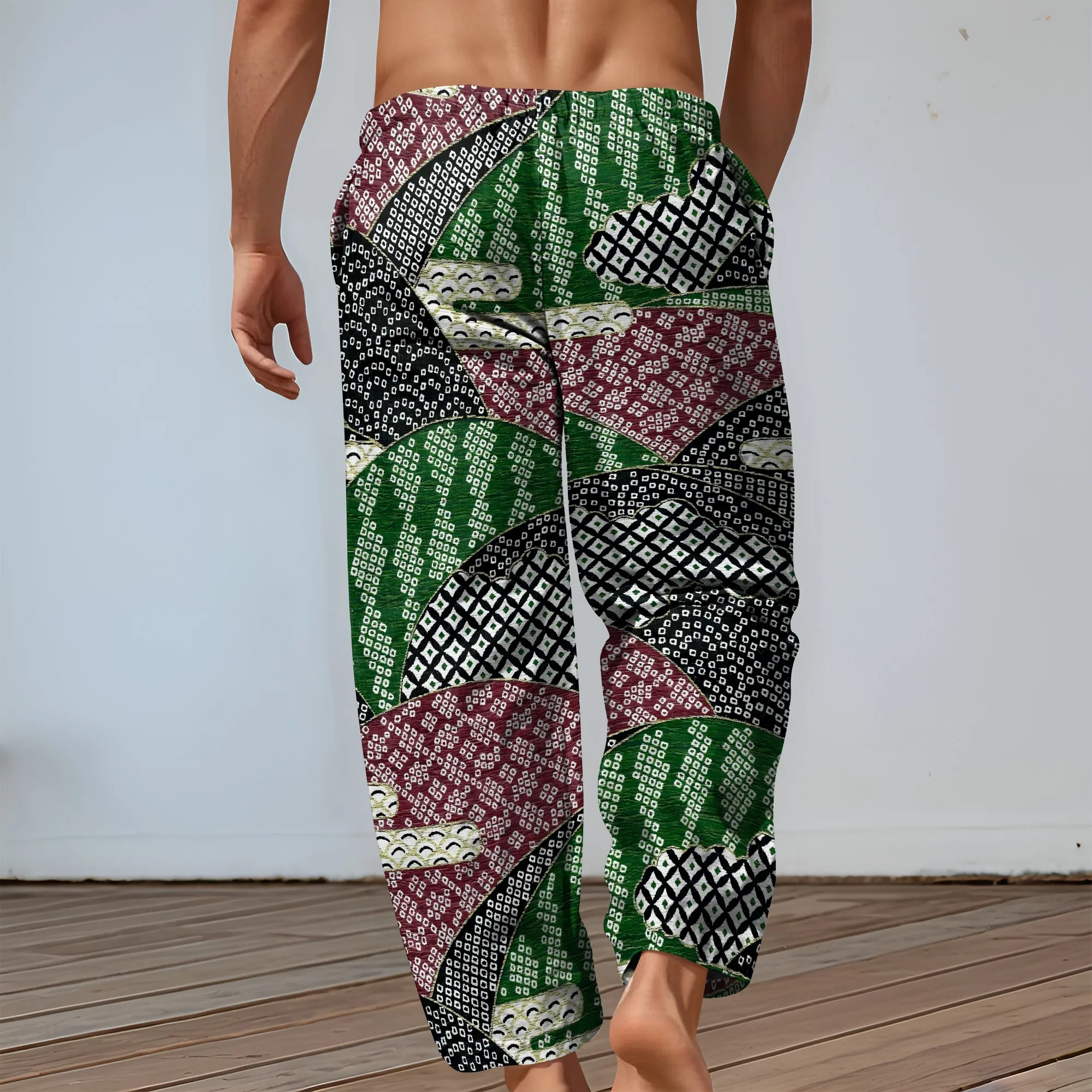 YEAE Geometric Patchwork Print Pants for Men Summer Casual Loose Drawstring Trousers