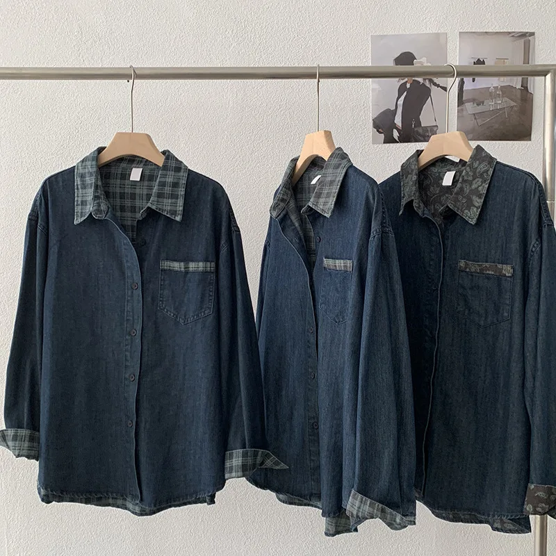 Camisa vaquera con empalme de rejilla para mujer, tops de manga larga holgados y versátiles de longitud media, abrigo informal Vintage a la moda, otoño y primavera