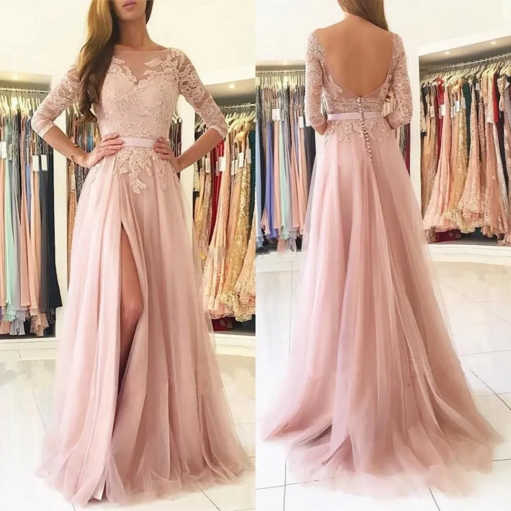 

Bright Pink Slit Long Bridesmaid Dresses 2024 Sheer Neck 3/4 Long Sleeves Appliqué Lace Bridesmaid Wedding Guest Dresses Cheap