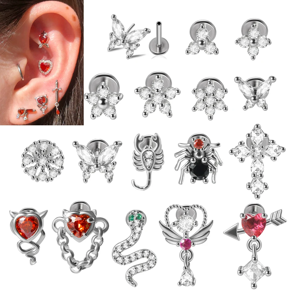 16-1PCS CZ Flowe Snake Heart Sword Threadless Lip Nose Stud Stainelss Steel Zircon Ear Cartilage Helix Lobe Conch Earring 18G