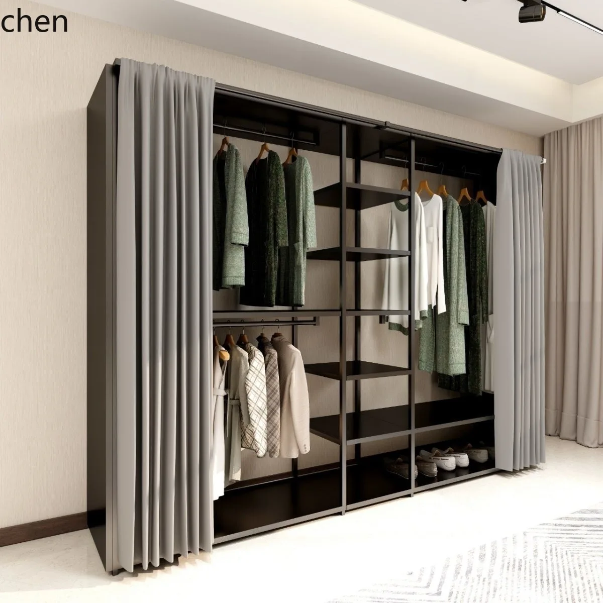 HT Simple Floor-standing Open Entryway Metal Cloakroom Clothes Rack Combination Double-layer Storage Rack Wardrobe