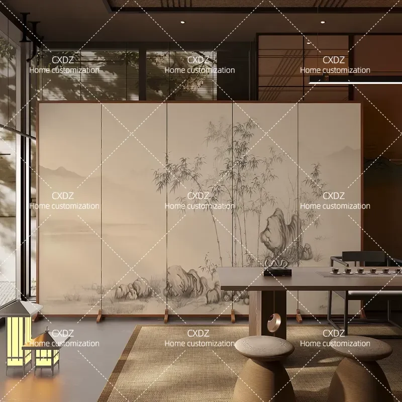 Chinese Style Retro Bamboo Screen Partition Folding Mobile Room Divider for Living Room Porch Tea Room Decoration