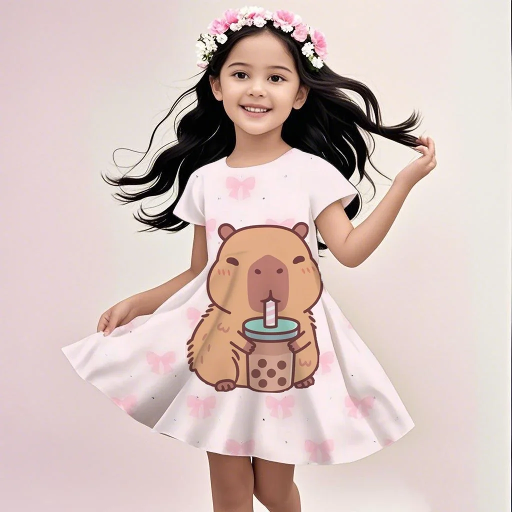 

MINISO Summer Dress Fashion Cartoon Cute 3D Printing Dress Kid Short Sleeve Princess Clothing The Capybara Cartoon Is Cute