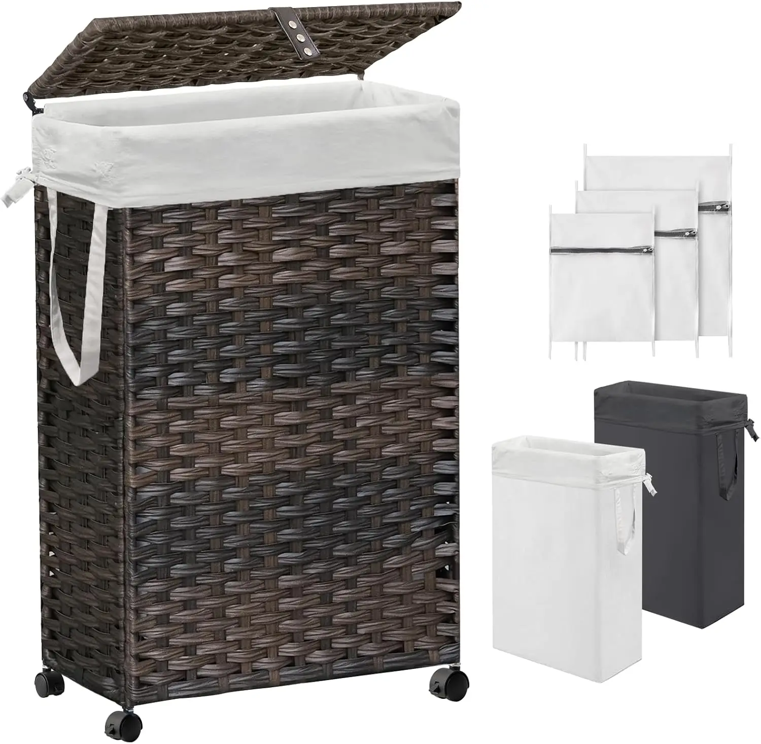 

Slim Laundry Hamper with Lid & Wheels, Rolling Laundry Basket with 2 Removable Liner Bags Mesh Bags, Narrow Dirty Clothes Basket