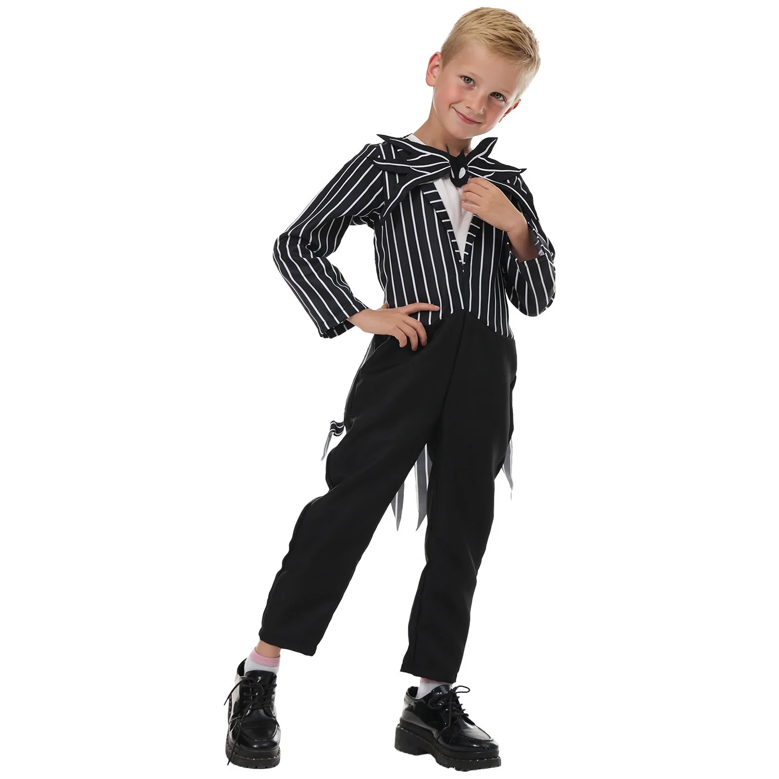 Schwarzer, weiß gestreifter Smoking-Overall mit Skelettkragen für Jungen, Halloween-Geister-Gentleman-Kostüm für Kinder, Karneval, Bühnenparty-Outfit – Detail 4