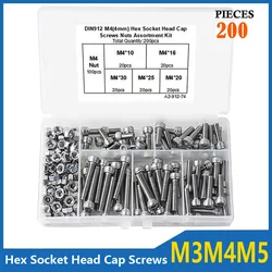 M3 M4 M5 Hex Hexagon Socket Cap Head Screw Set 304 Stainless Steel DIN912 Screw Bolt and Nut Assortment Kit 150/220/300PCS