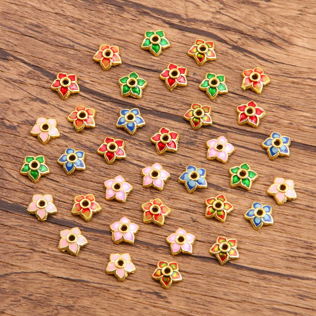 30Pcs 7Color 8*8MM Gold Plated Small Flowers Bead Caps Metal Alloy Enamel Dripping Oil Flower For DIY Jewelry Making Accessories