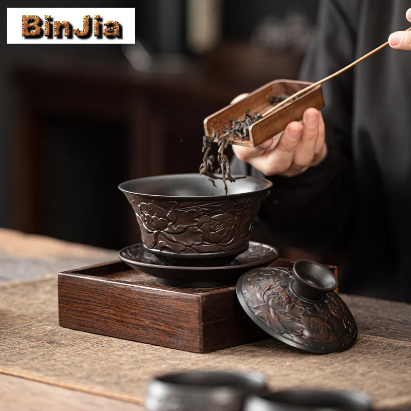 Handmade Qingxi Purple Pottery Gaiwan Stacking Carving Three Talent Tea Tureen Chinese Brewing Cover Bowl Services Gift Supplies