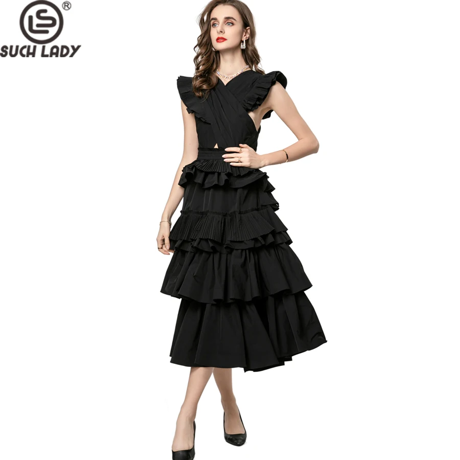 Vestidos femininos criss cross em camadas babados sexy fechadura elegante designer de moda festa vestido de baile