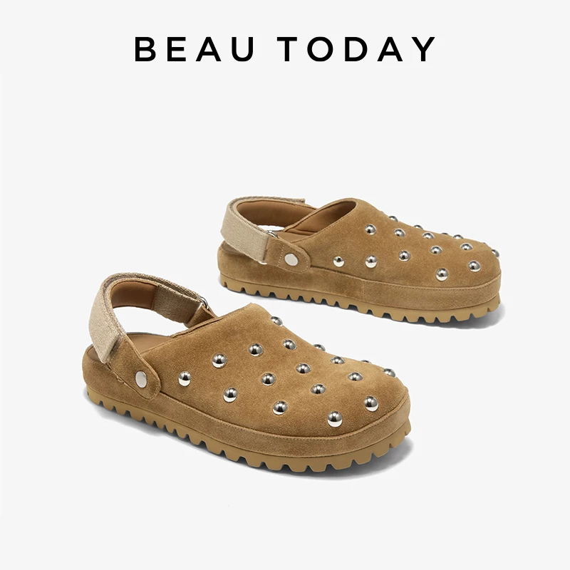 BEAUTODAY Casual Flat Shoes Women Cow Suede Leather Mule Round Toe Rivet Decoration Ladies Slippers Handmade 34626