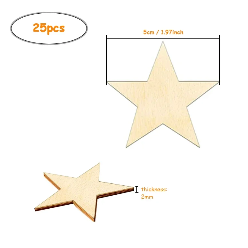 25pcs 5cm Unfinished Wooden Stars Shape Pieces, Blank Wood Cutouts Ornaments for Craft Project and Party Wedding Decor