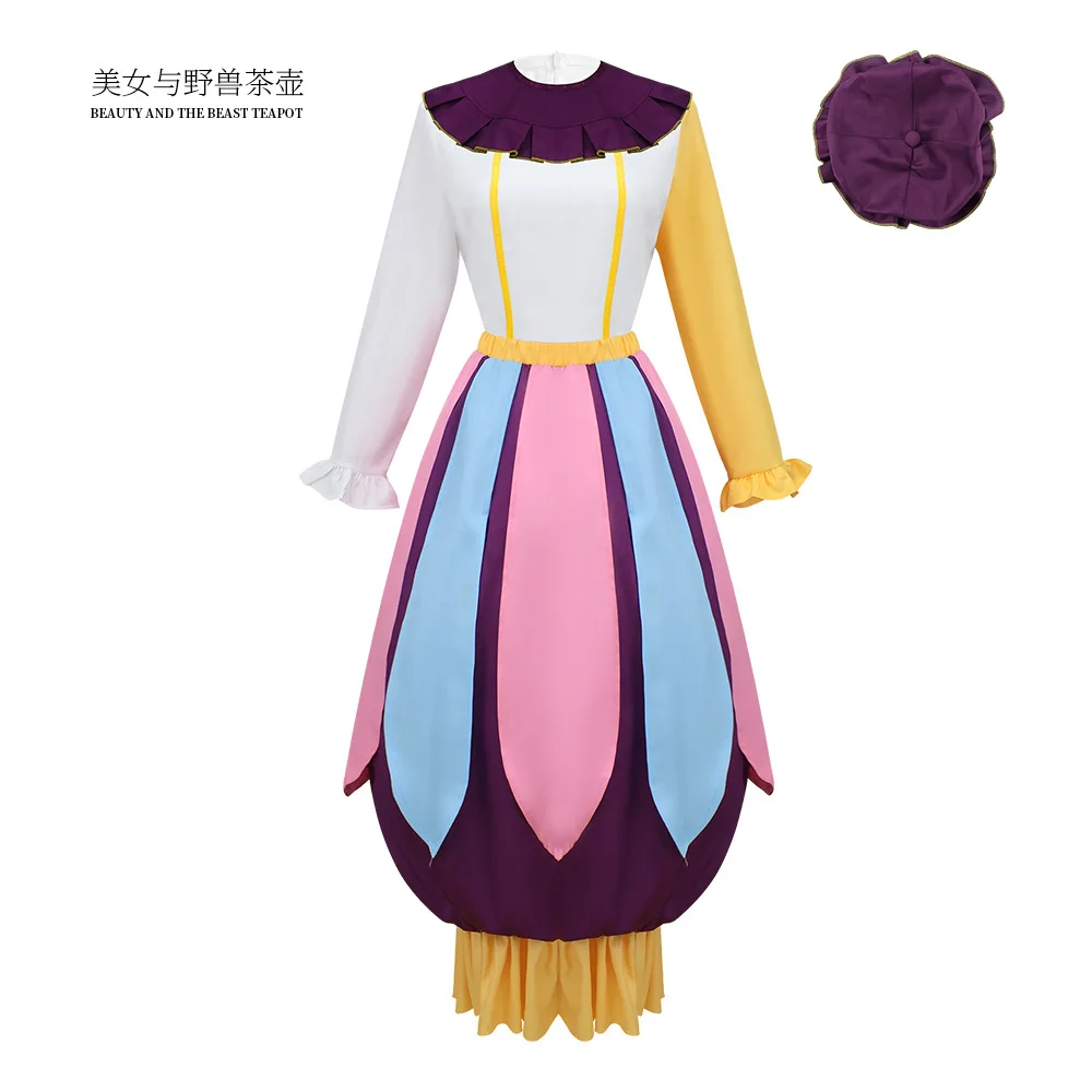 Disfraz de Cosplay de la Señora Potts con Tetera, Vestido Colorido de Manga Larga, Sombrero, Disfraz para Mujer Adulta, Halloween, Navidad, Carnaval, Ropa de Moda