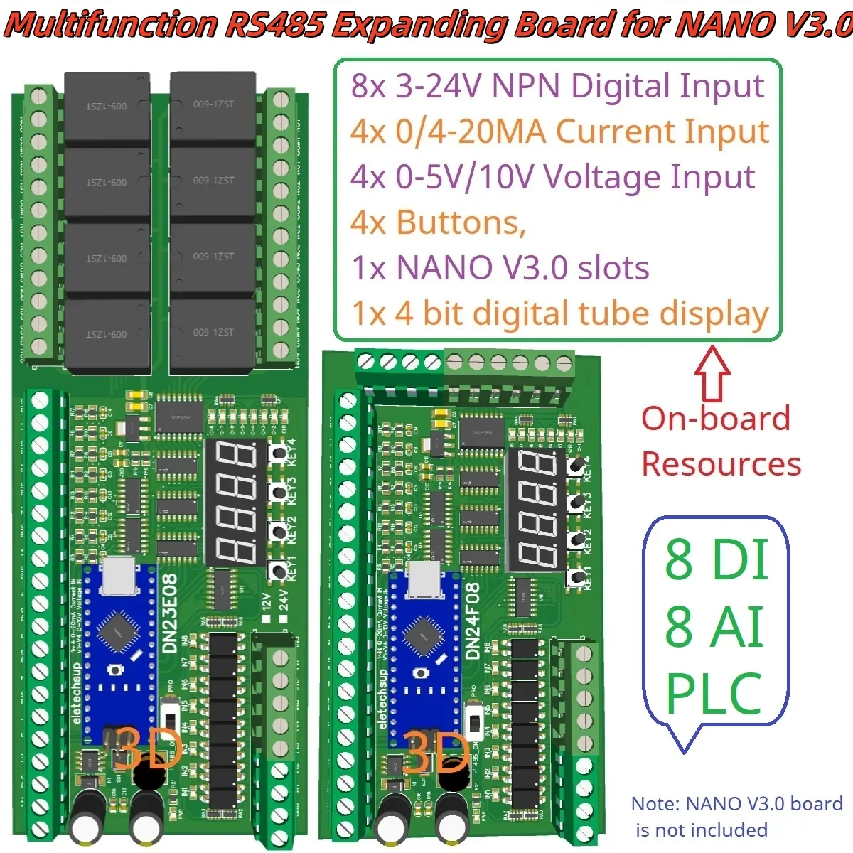 Multifunction IO Expanding Module for ARDUINO NANO V3.0 RS485 Modbus RTU Open PLC of LED Current Voltage Sensor 8AI - 8DI - 8DO