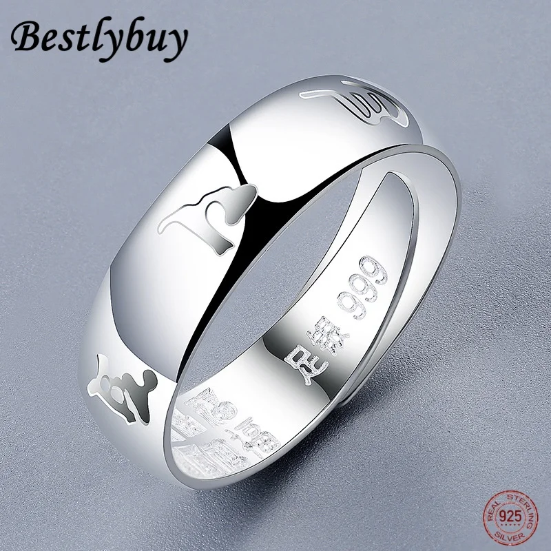 Anillo Mantra de seis caracteres de plata pura 999 para hombre con apertura ajustable, joyería de alta gama Simple y personalizada de plata pura