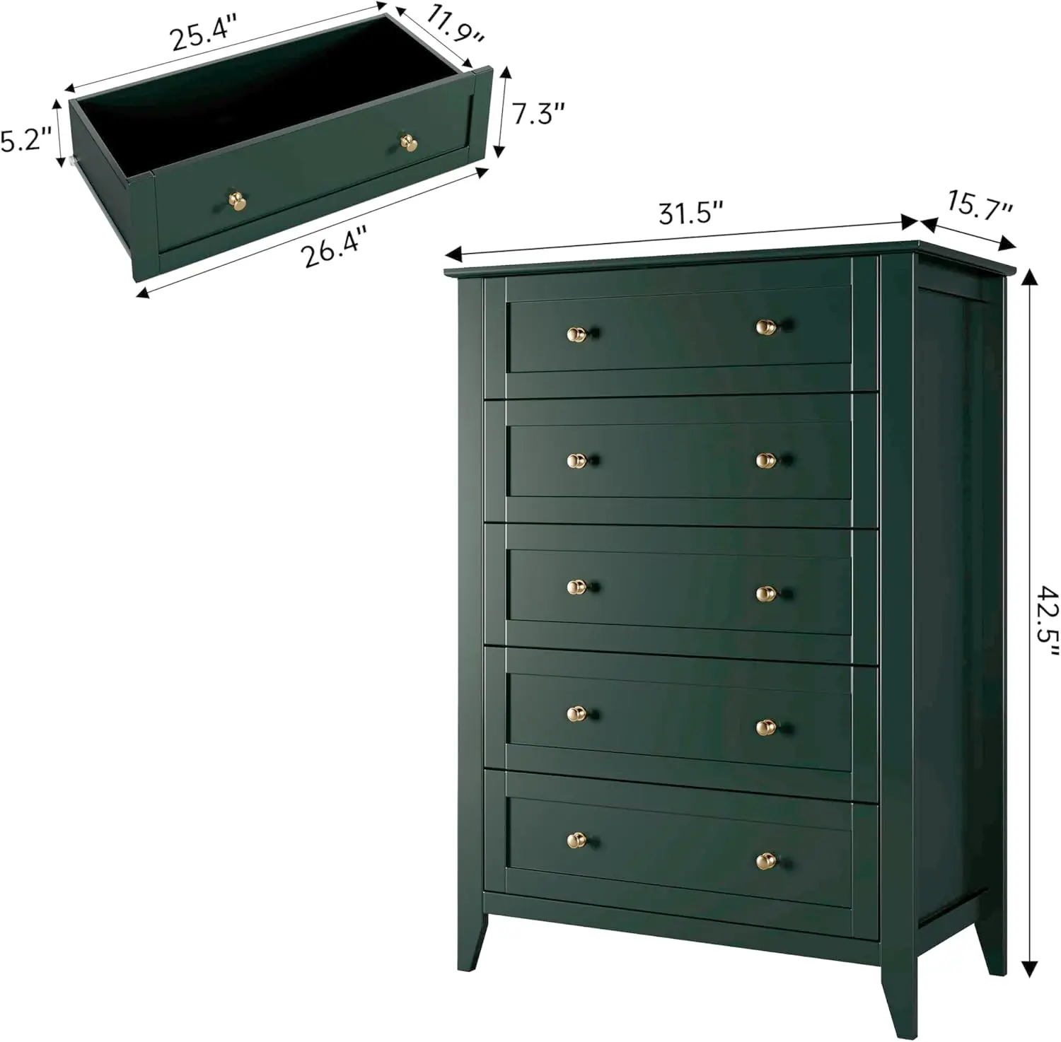 5-Drawer Dresser for Bedroom, Modern Tall Chest of Drawers with Metal Knobs, Wooden Clothing Storage Organizer for Closet, Nursery, Living Room & Apartment