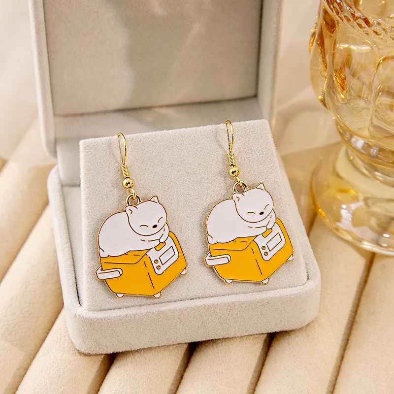 Cute Interest Cup Book Kitty Pendant Earrings Fashion Cartoon Enamel Cat Dangle Ear Jewelry Party Gifts For Women Girls