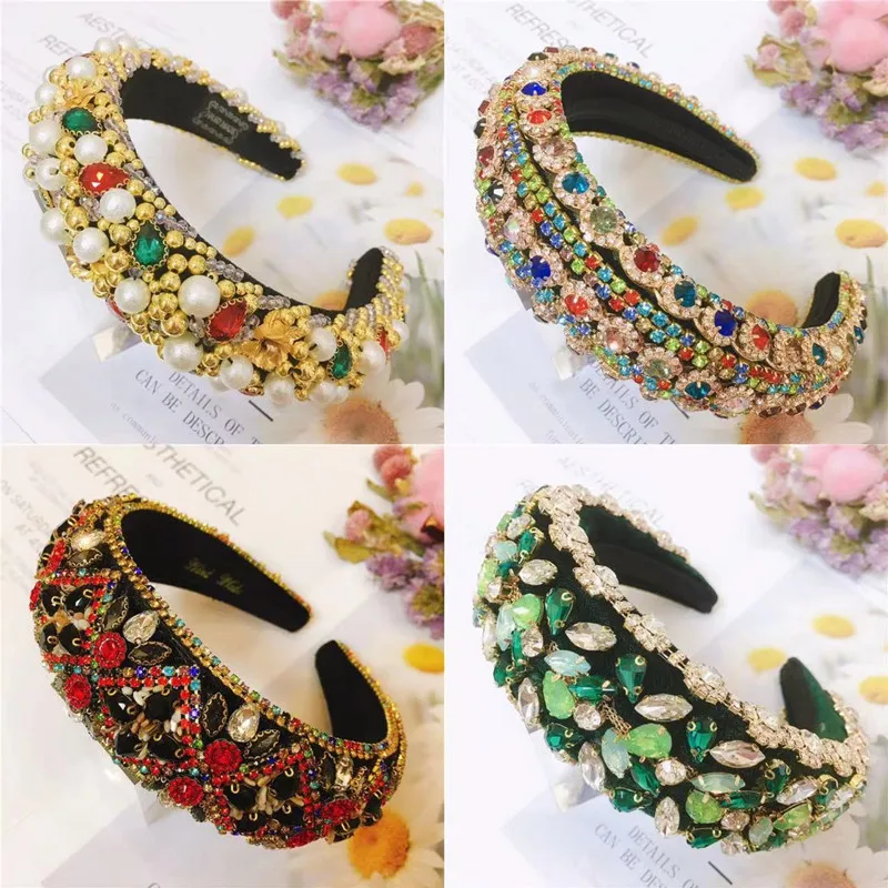 

New Colorful Luxury Baroque Sparkly Padded Rhinestones Headbands Women Full Crystal Hairbands Wide Headwear Pearl Hair Accessori