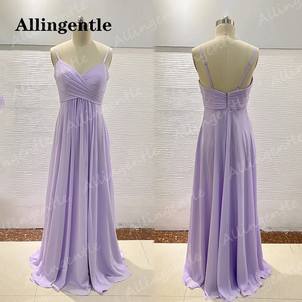 Allingentle Сиреневое платье подружки невесты с v-образным вырезом А-силуэта на тонких бретельках Плиссированное шифоновое платье длиной до пола с боковым разрезом и карманом