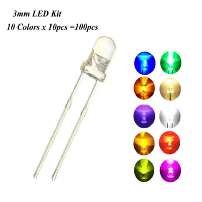 

100pcs 3mm F3 Dip Led Kits 10colors X10pcs=100pcs Red Blue Yellow Green Pink Purple Orange Warm White / White /yellow-green