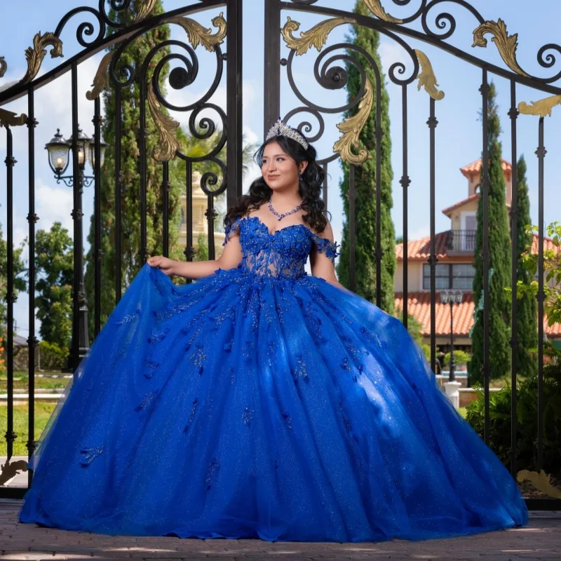 

Shiny Royal Blue Quinceanera Dress off-shoulder Glitter 3D Flower Decal Lace Long tail vestidos de 15 Quinceanera ﻿Customize