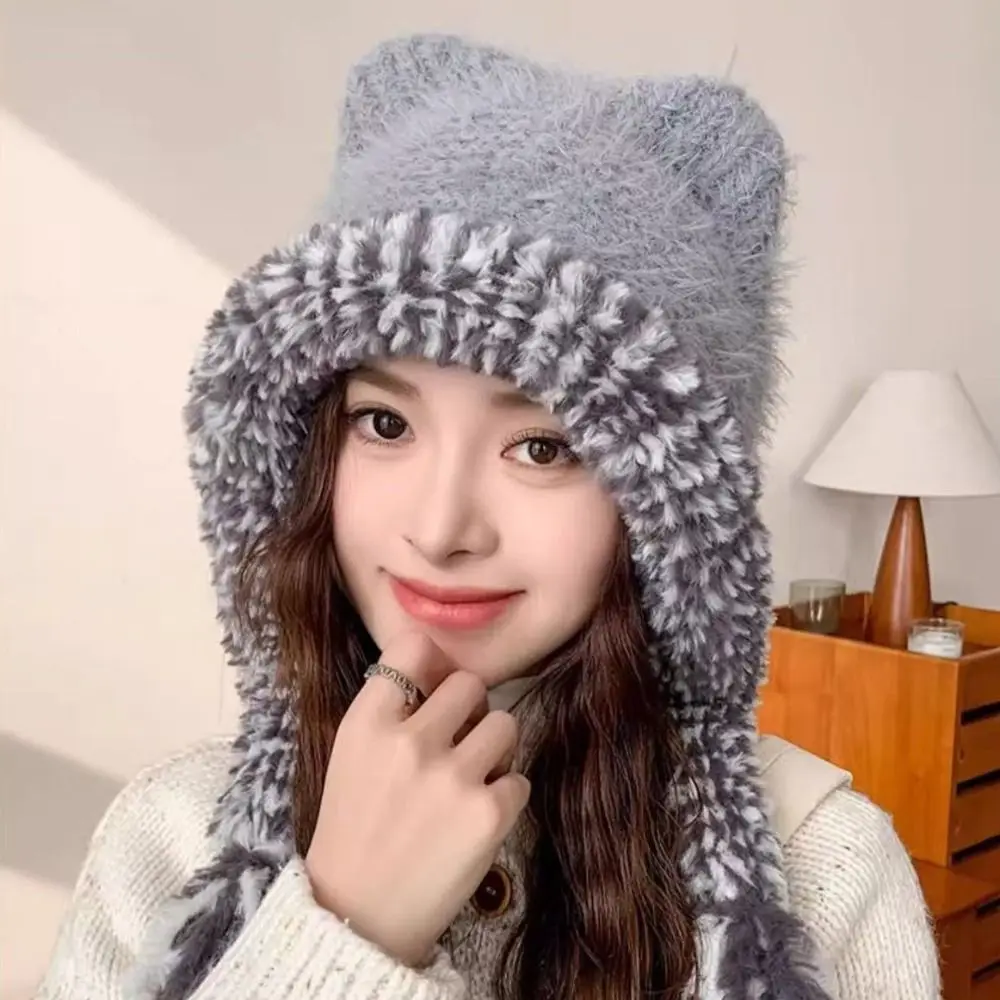 تنوعا آذان القط حماية الأذن قبعة الكورية نمط يندبروف محبوك قبعة تدفئة مريحة لينة رشاقته قبعة قبعة المرأة #3