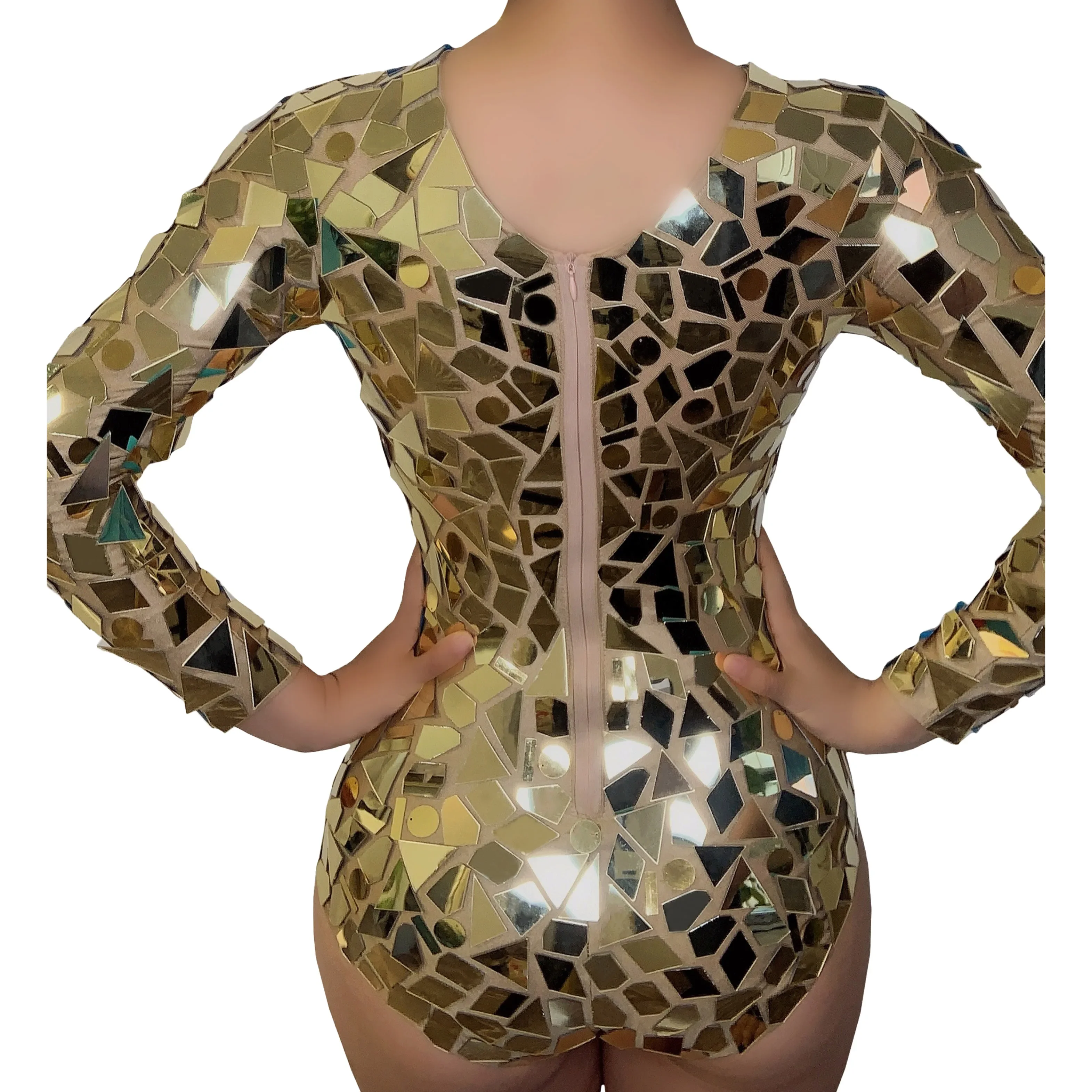 Team Dance Costume Gold Sequins Hollow Leotard Rave Outfit Nightclub Stage Performance Costume Sexy Silver Mirror Bodysuit