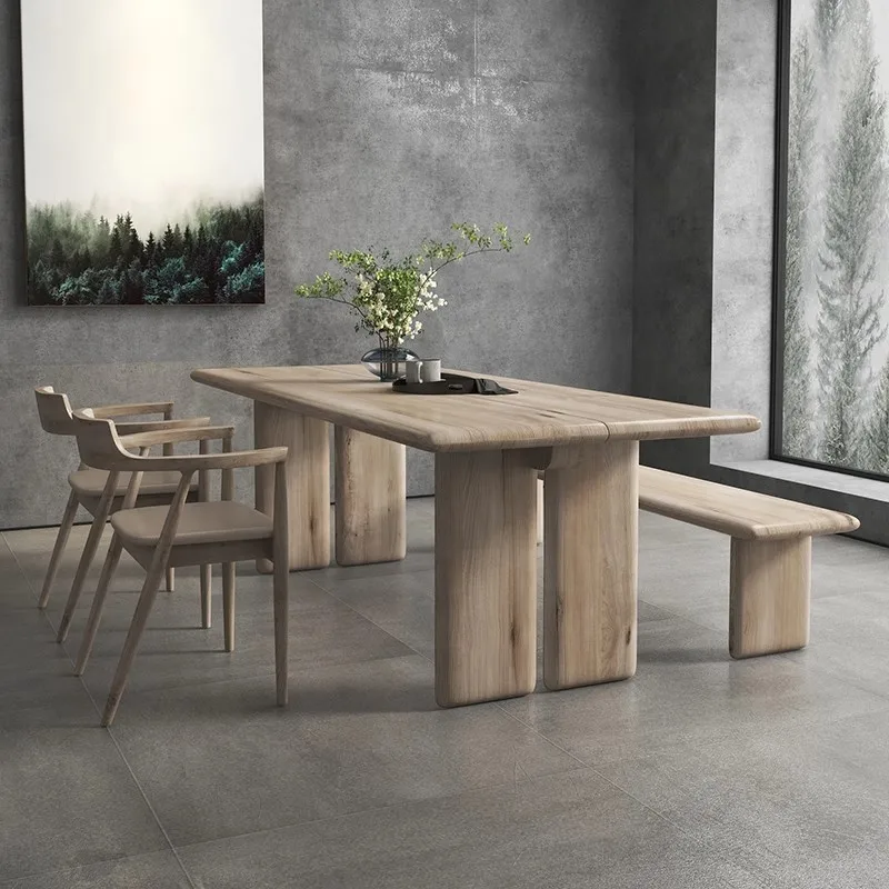 

Nordic wabi style solid wood dining table modern simple log style ash wood rectangular office tea table