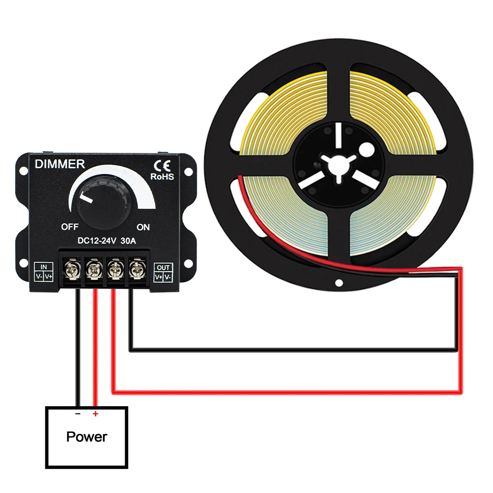 Rotary Dimmer Adjustable Brightness LED Lamp Bulb Strip Driver Single Color Light Power Supply Controller 30A DC 12V 24V 360W