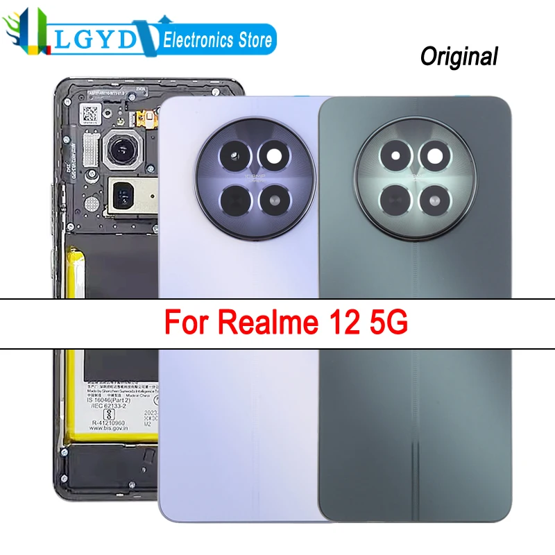 

Задняя крышка аккумулятора для телефона Realme 12 5G, задняя крышка корпуса со средней рамкой и крышкой объектива камеры, запасная часть с логотипом