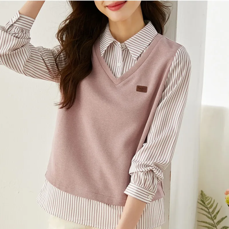 2024 Women\'s Spring and Autumn POLO Collar Striped Patchwork Temperament Versatile Casual Loose Fake Two-piece Shirt T-shirt Top