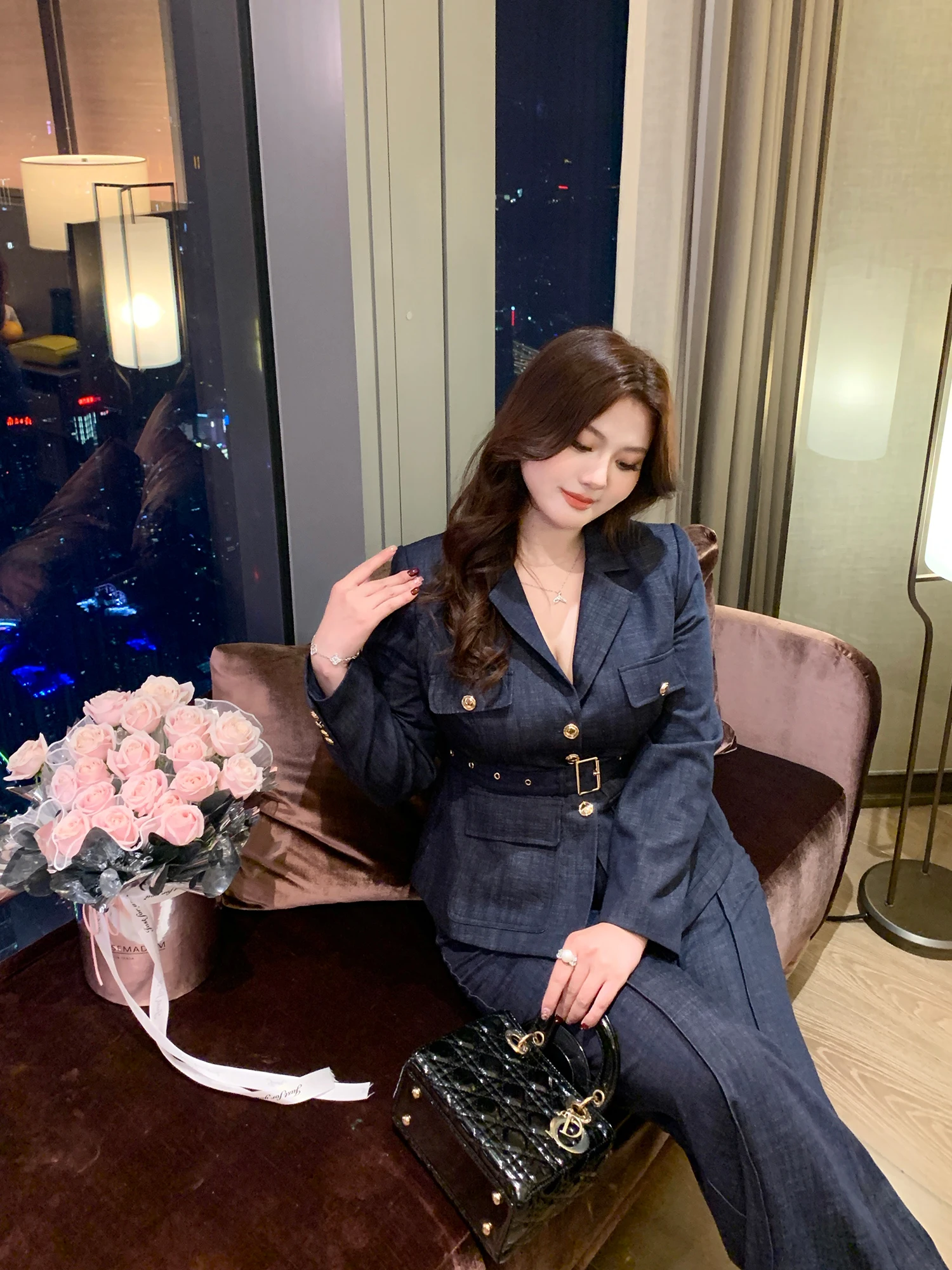 

Женский винтажный джинсовый костюм GLEC больших размеров, синий, из двух предметов: пиджак и брюки с высокой талией, модный, для делового стиля