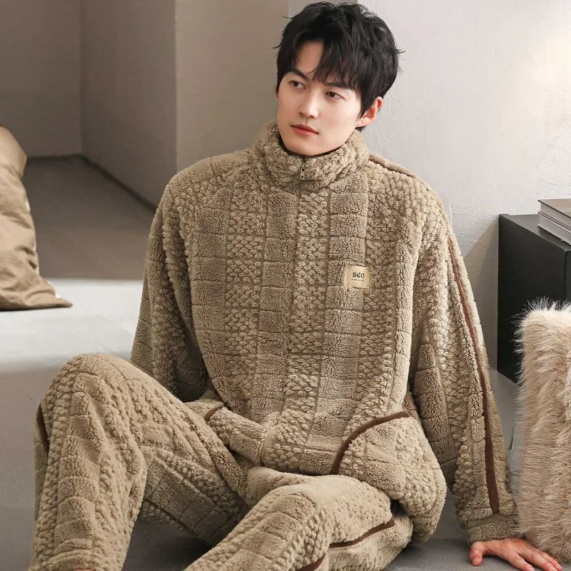 Cardigan Zipper Large Size Warm Winter Clothing Men's Autumn Winter Thickened Fleece Flannel Suit Pajamas Coral Fleece Homewear
