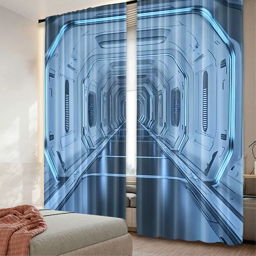 2Pcs Outer Space Curtain Inside Of Space Station Control Room Passage Communication Technology Base Suitable For Living Room