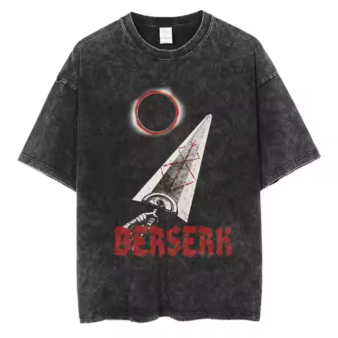Washed Berserk Cotton Mens Vintage Japan Anime Oversize Shirts Streetwear Harajuku Summer Short Sleeve TShirt Loose Cotton Tops
