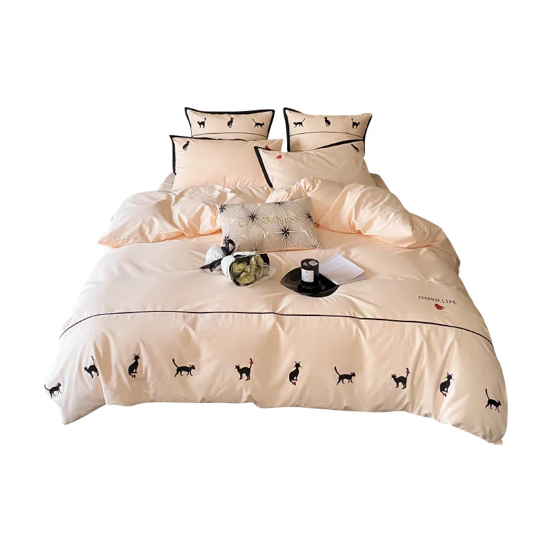 Pure Cotton Thickened Ceramic Matte Four Piece Set, Kitten Embroidered Soft Quilt Cover, Bedding