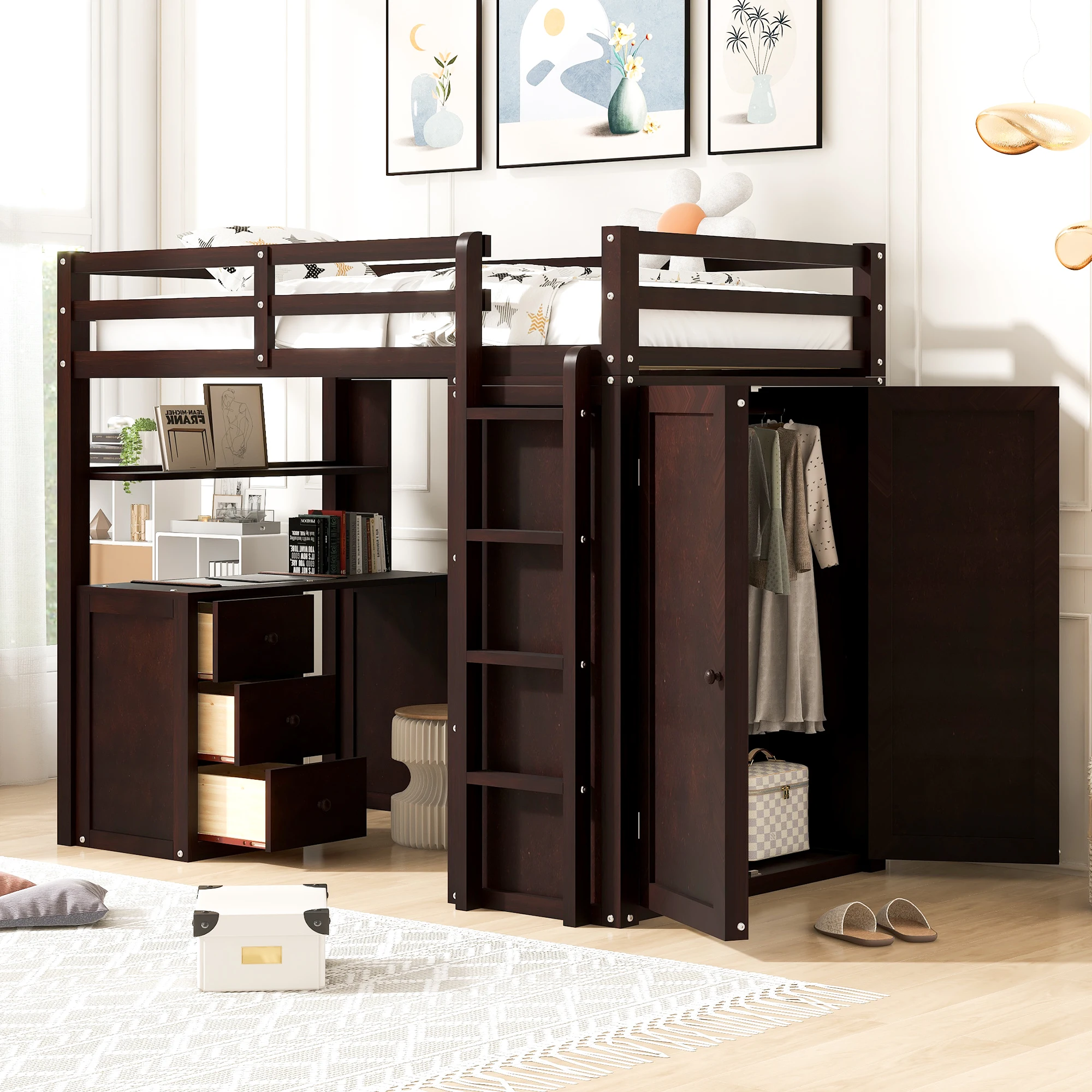 Twin Loft Bed with Drawers, Desk, Wardrobe, Espresso  78.30x44x65 in.