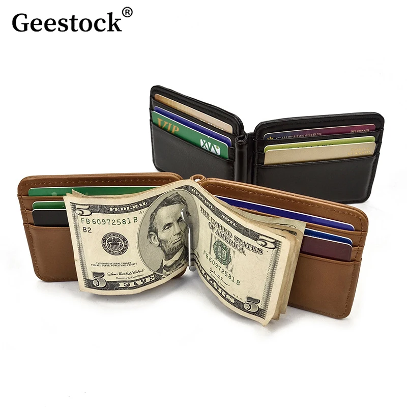 Geestock Men's Dollar Clip Genuine Leather Vintage Card Holder Head Layered Cowhide Men Wallet Multi Slot Card Bag Coin Purse