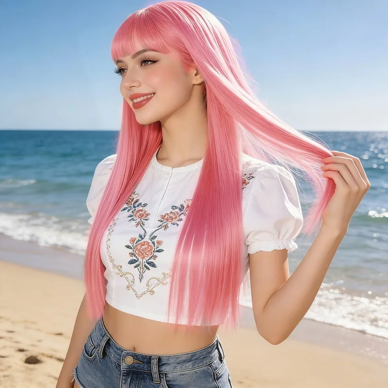 Women's light pink long straight hair wig with air bangs, realistic full wig