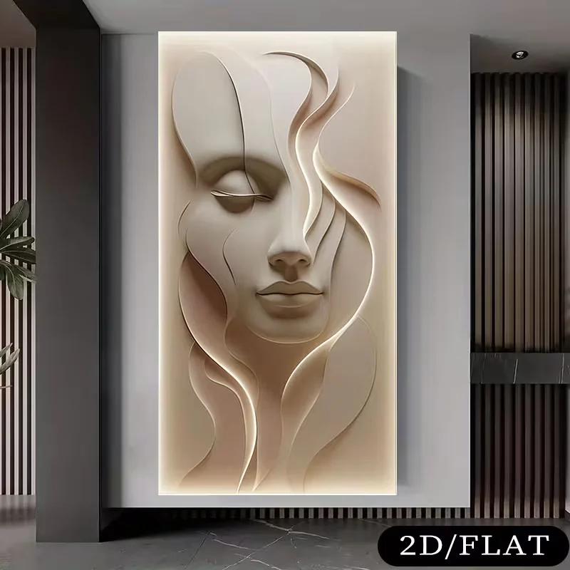 2D Flat, 1pc Large Frameless Modern Abstract Face Canvas Painting - Textured 3D Illusion Soft Pink Tone Suitable for Bedroom and