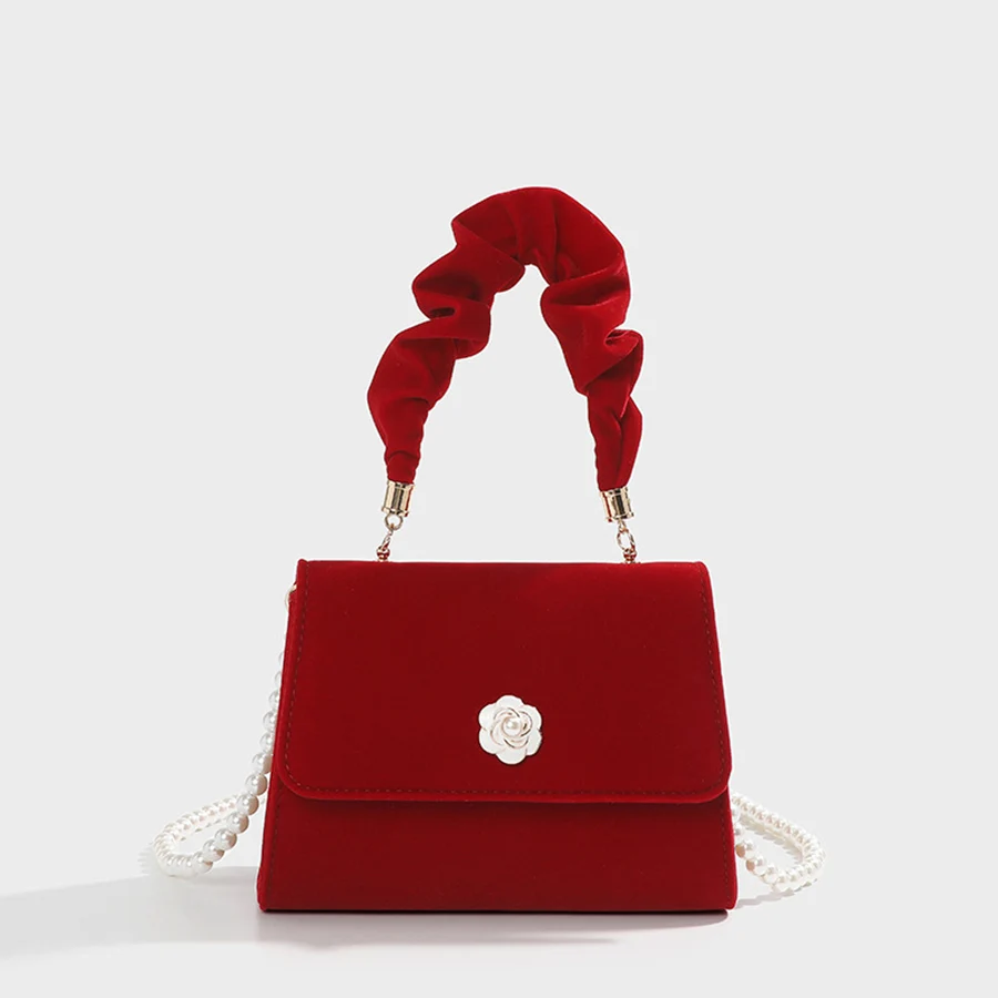 Velvet Red Totes Bag Wedding Party Dinner Bags Pleated Hand Pearl Chains Underarm Bag Red Bride Crossbody bag for Women Handbags