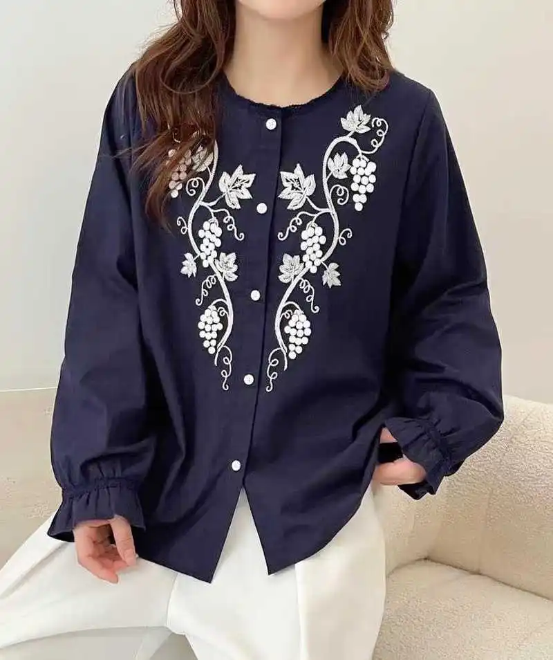 جديد 2025 الخريف قميص قطني بكم طويل ، المرأة س الرقبة التطريز ، موري فتاة ريترو اليابان نمط تنوعا بلوزة فضفاضة T59216CC