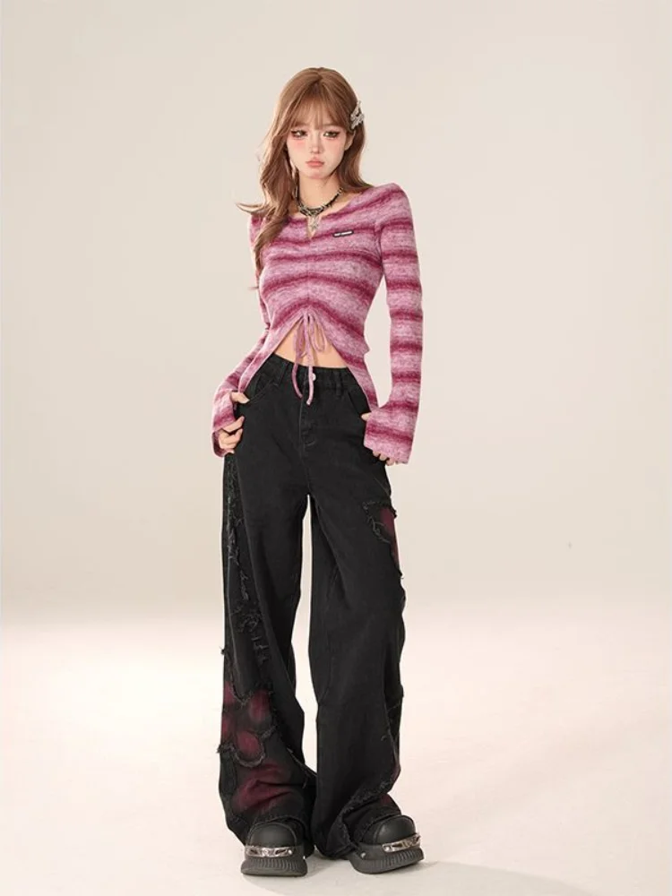 QWEEK Harajuku Y2K Aesthetic Butterfly Denim Trousers Women's Black Baggy Gothic  Korean Jean Pants Vintage Wide Leg Pants