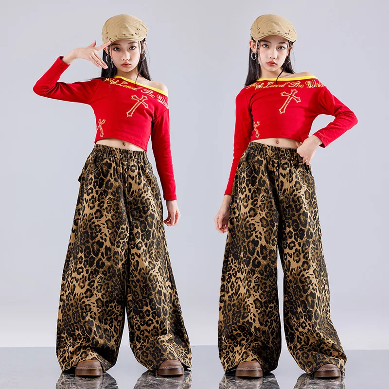 Girls K-pop Crop Top Camouflage Cargo Pants Girl Group Clothes Kid Jazz Street Dance Leopard Slacks Child Hip Hop Streetwear Set