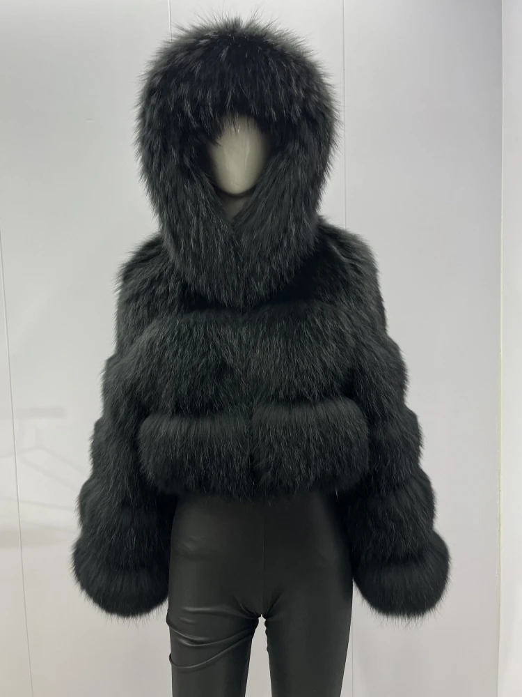 BEIZIRU Women's Winter Fur Coat Hooded Luxury Real Raccoon Top