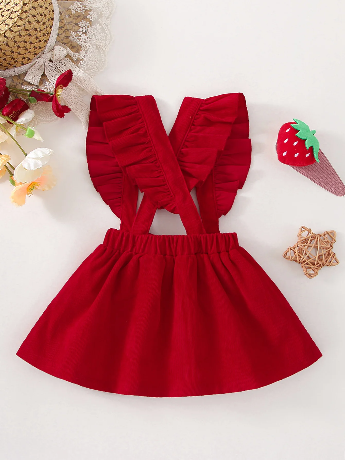 Single piece female baby fashionable casual bow decoration solid color shoulder strap dress for spring and autumn